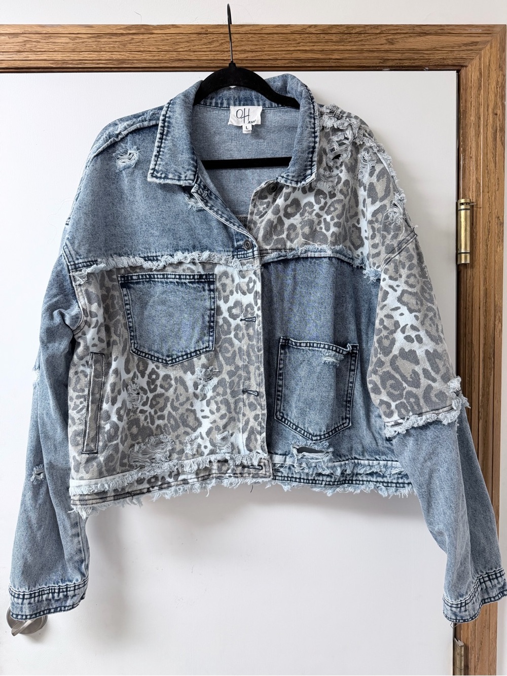 Oh Light Blue Leopard-Print Patchwork Denim Jacket